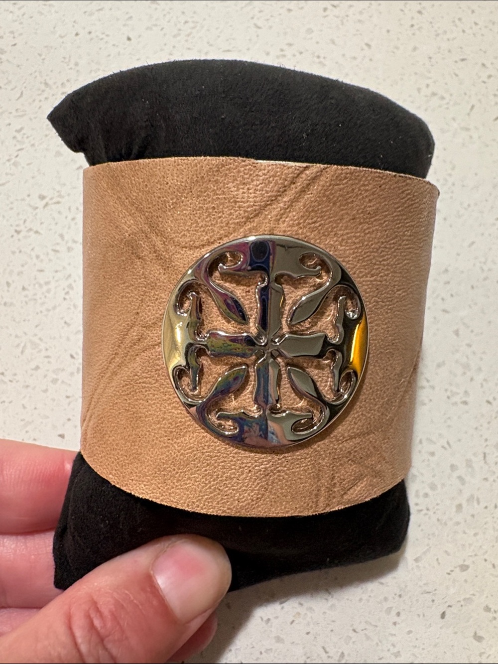 Rustic Cuff Wide Tan Leather Cuff Bracelet with Decorative Silver Medallion